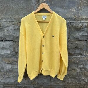 Vintage Izod Lacoste Cardigan Sweater Mens Large Yellow Grandpa Preppy USA Croc